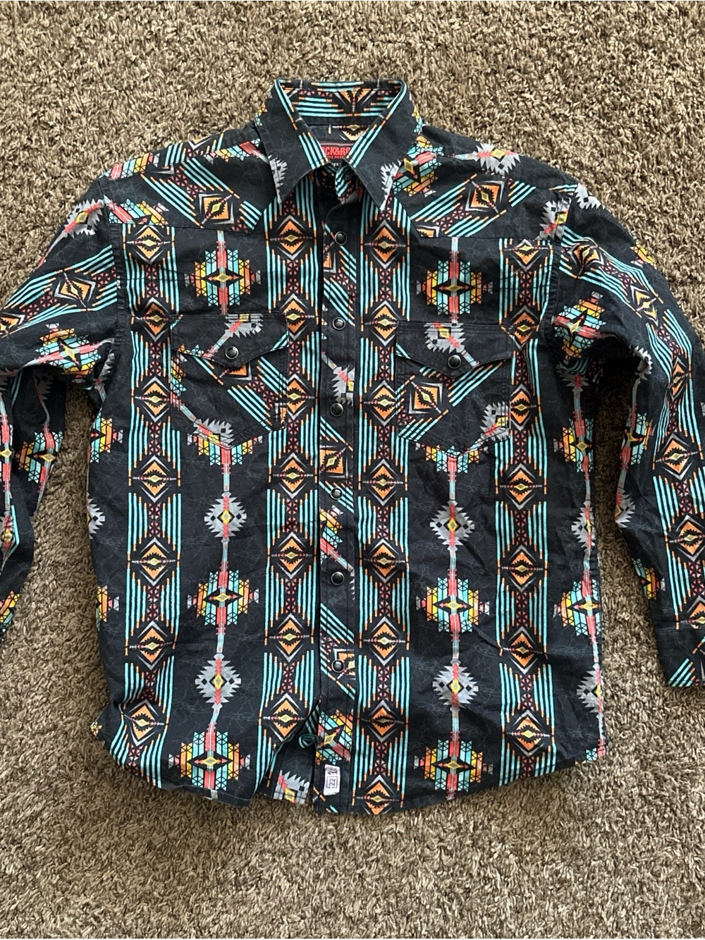 Kids Aztec-Print Button-Down Shirt in Black and Teal